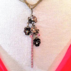 Pink & purple floral pansy pendant 4 strand chain necklace 16" + 3"